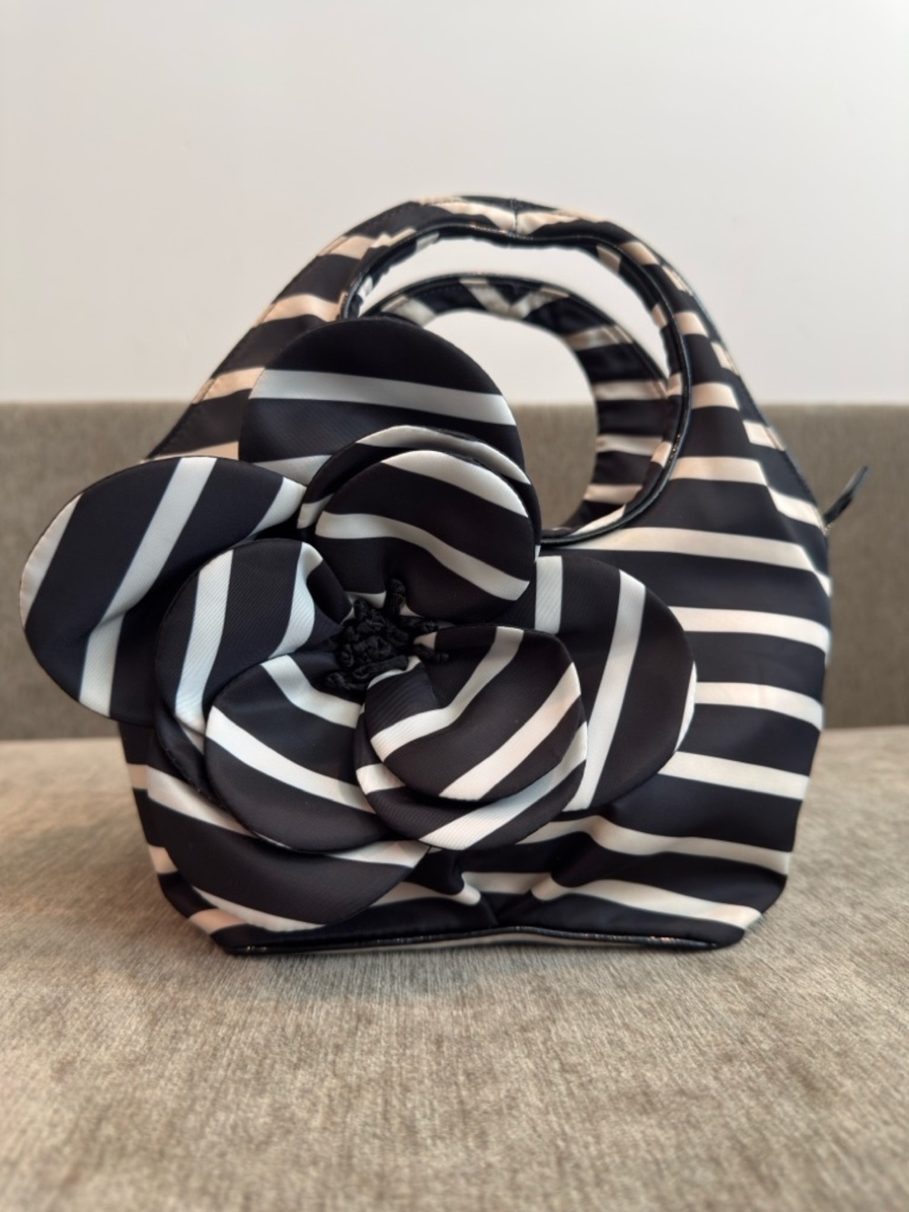 Kate Spade Black Ivory Striped Flower Bow Handbag